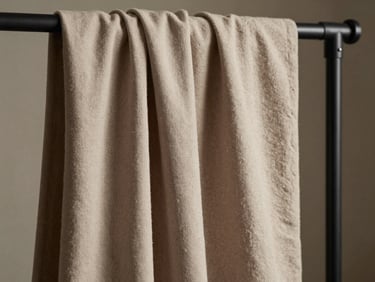 Extreme close-up of heavy warm taupe cotton drape hanging on a matte black rack, soft north-facing daylight casting subtle shadows