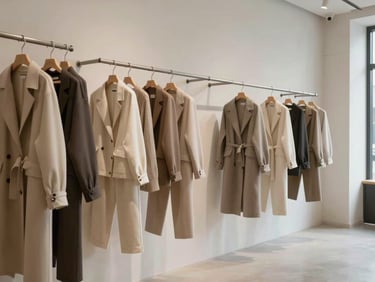 Minimalist boutique interior with a single rack of neutral-toned private label apparel, soft diffused daylight, spacious negative space