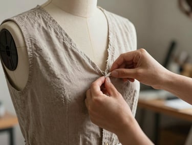 Close-up of hands carefully pinning a warm taupe linen pattern on a dress form in a sunlit Murray Utah studio