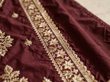 Warm editorial photography of a subtle detail of embroidery on traditional Pakistani clothing, soft natural daylight, shallow depth of field, elegant and respectful