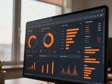 warm corporate editorial photography, natural office window light, deep shadows with vibrant orange accents, shallow depth of field. Close-up of a clean digital AI dashboard report showing team performance metrics, dark mode interface with orange accents.