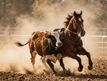 High-contrast action shot of a cutting horse mid-work holding a cow, low-headed sweep, dramatic golden-hour dust, 85mm lens.