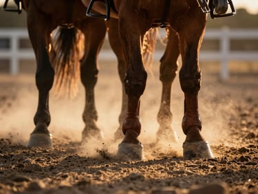 Low-angle close-up of leather boots and tack, dust kicked up by hooves in high-contrast golden hour sunlight, shallow depth of field.