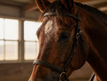 Close-up of a horse's calm eye and leather headstall, soft dusty light filtering through indoor arena windows, shallow depth of field.