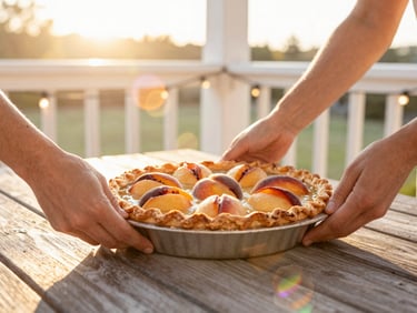 Warm golden-hour shot of hands placing a fresh peach pie on a wooden porch table with string lights in the background