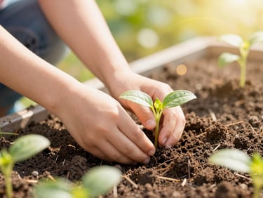 Close-up of a child's hands gently planting a green seedling into rich soil in a sunny community garden