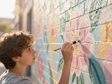 Candid close-up of a young artist painting a colorful floral mural on a brick alley wall, bright morning sunlight, warm pastel tones