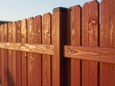 Close-up of tight wood joinery on a tall custom redwood privacy fence, clean structural alignment, warm golden-hour California sunlight casting long shadows, 35mm