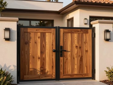 A beautiful custom wood courtyard gate with black iron hardware framing a modern patio entrance, warm golden-hour California light, rich wood tones, 35mm