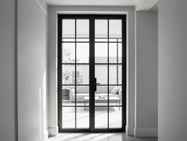 Elegant black-framed glass door separating a modern hallway from a bright living space, crisp paint lines on adjacent walls.