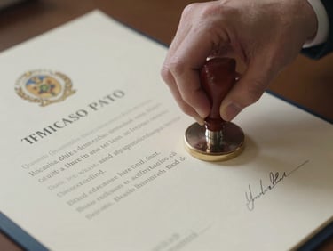 Wide panoramic shot of hands carefully placing an official ministerial seal on an academic transcript, soft natural light illuminating the paper grain.