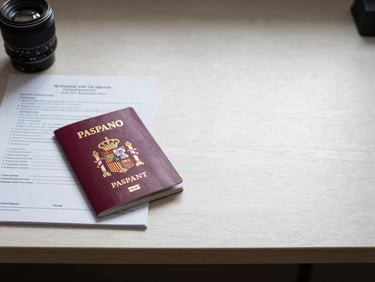 Wide panoramic view of a neatly organized desk in soft daylight, a Spanish passport resting beside a stack of official forms, generous negative space on the right.