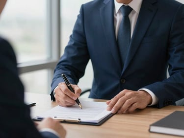 Wide panoramic framing of a professional consultant in a crisp navy suit signing a document with a fountain pen, bright window light from the left.