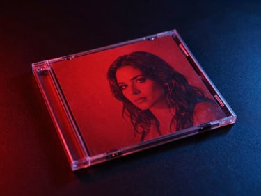 Graphic close-up of a music CD jewel case resting on a dark reflective surface, dramatic spotlighting, vibrant red tones.