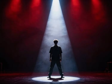 Dramatic high-contrast silhouette of a solo performer on stage under a bright white spotlight, deep shadows, 35mm.