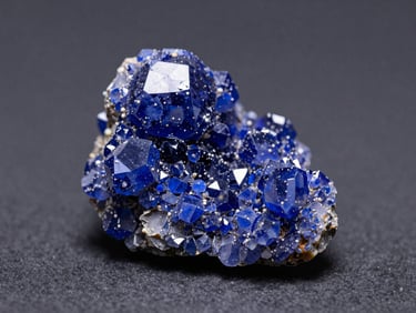 Macro fotografia di un cristallo di azzurrite tabulare blu intenso su matrice grigia, illuminazione diffusa, sfondo scuro.