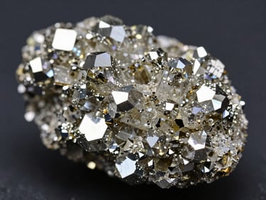 Extreme macro shot of an iridescent pyrite crystal cluster, highlighting surface textures and metallic luster, diffused high-CRI lighting, deep charcoal background, sharp focus.