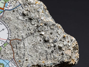 Close-up of a geological map overlaying a mineral specimen, showing locality-specific details, diffused high-CRI lighting, deep charcoal background, sharp focus on data.