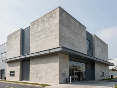 Industrial clean architectural shot of a modern textile manufacturing facility exterior with sharp concrete lines and steel accents under bright overcast light