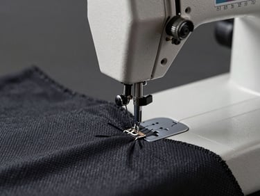 Macro close-up of a heavy-duty industrial sewing machine executing a precise double-needle stitch on dark charcoal technical performance fabric, cool diffused studio lighting.
