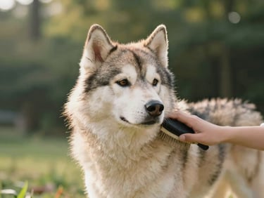 Close-up of a warm cream and gray Pomsky being gently brushed outdoors, natural light, soft focus background, 35mm.