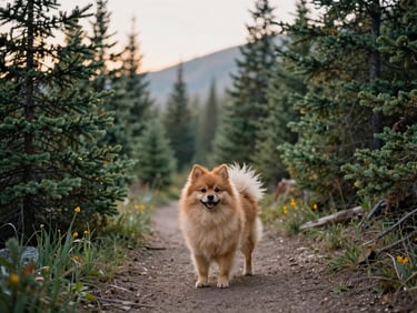 A happy adult Pomsky standing on an alpine trail in Kananaskis, surrounded by pine trees, soft morning light, 35mm.