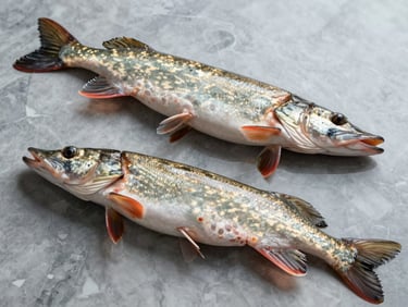 Two skinless pike-perch fillets laid flat on a cool grey marble surface, soft north-facing light, no hands, clean edges visible, precise cut