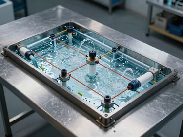 Overhead technical cross-section view of a closed aquaponic circuit diagram rendered as a physical installation on a steel table, water flow channels and filtration elements visible, cold directional light, no text or labels