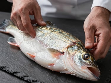Macro overhead close-up of fresh pike-perch fillets on a slate surface, chef's hands in white cuffs framing the cut, soft north-facing studio light revealing fine white flesh texture and firm grain