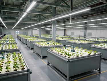 Wide environmental view of an empty modern aquaponic production hall at Nutreets Colombes, rectangular tanks in rows under diffuse overhead lighting, steel walkways and pipes visible, no staff, cool industrial atmosphere