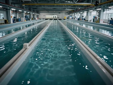 Empty controlled production space in Occitanie, long rectangular raceways seen from above, still water surface under cool industrial light