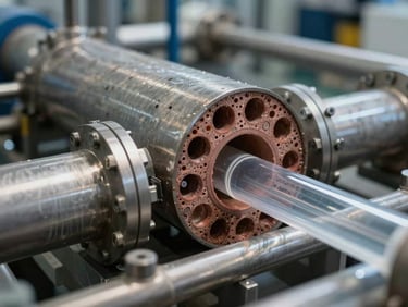 Macro cross-section of a closed-loop water filtration system, steel pipes and clear conduits, Bretagne production facility, north-facing industrial light