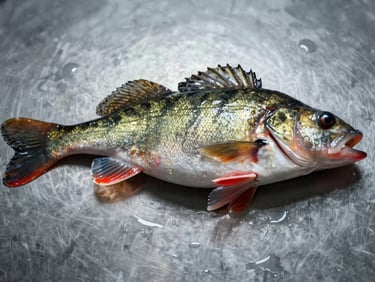 Studio close-up of a whole pike-perch fish in profile on a wet steel surface, cool diffused light from above, scales catching metallic reflection, flesh visible at a precise cross-section cut, no hands, no garnish