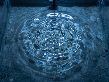 Overhead macro close-up of clear water surface in a controlled aquaponic tank, light refracting through perfectly still water, slate-blue tones, no fish, no turbulence — water as a precision instrument