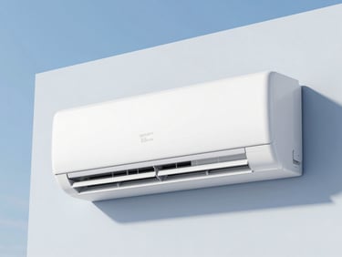 Crisp daylight shot of a modern white wall-mounted air conditioning unit, clean blue and white tones, high-key commercial photography, sharp focus, 35mm