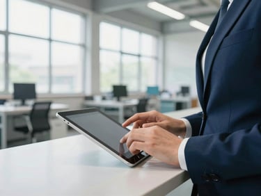 Close-up of hands typing on a tablet in a bright, organized modern warehouse, soft daylight filtering through high windows, professional atmosphere.