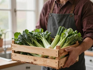 An artisanal farmer holding a wooden crate of fresh green vegetables, soft natural light, shallow depth of field