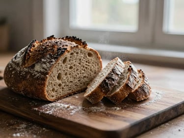 Close-up of rustic sourdough bread being sliced on a dark wood board, flour dust in the air, soft side lighting, 35mm photography
