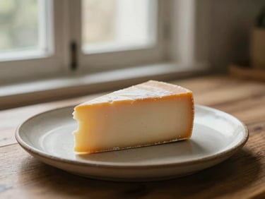 A clean, rustic ceramic plate with a single, beautifully presented artisanal cheese wedge, soft window light, shallow depth of field, warm tones