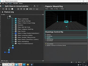 Split-screen Maya-to-Unreal pipeline view: left side Maya outliner with rig hierarchy nodes, right side Unreal Engine Control Rig panel, cyan UI accent lines, dark editor background, precise technical framing