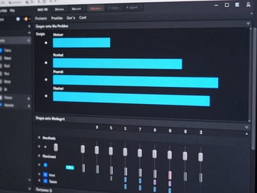 Close-up of a Maya Python tool UI panel in dark viewport mode, node graph and attribute sliders visible, cyan-blue highlighted active nodes against deep charcoal background, technical pipeline automation interface, precise and minimal