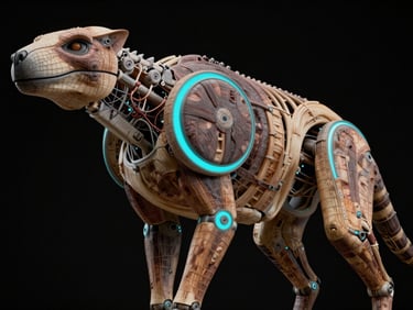 Tight overhead viewport shot of a quadruped creature rig, cyan rim light defining shoulder and hip joints, wireframe skin deformation visible on flank, black studio void background
