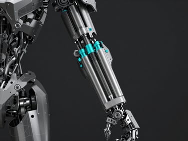 Mechanical mech suit arm joint breakdown, exploded view of hydraulic piston rig hierarchy, cyan accent light tracing metal joint axes, dark controlled geometry studio space, wireframe overlay
