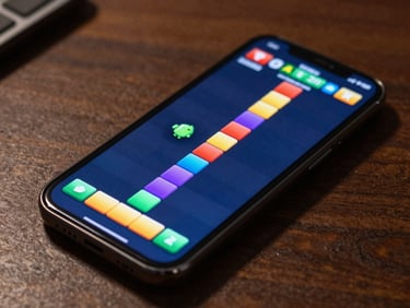 Phone screen showing a fast-paced Android arcade game level with colorful tiles and score counter, desk ambient light, interface colors preserved as shipped