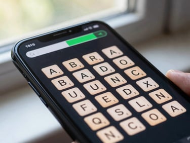 Android phone screen showing a word game app — clean sans-serif letter tiles on a dark background, progress bar at top, natural window light on desk surface
