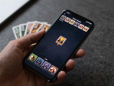 Android phone screen showing a strategy card game UI — hand of cards visible, dark navy play field, interface stats in top bar, overhead desk flat-lay lighting