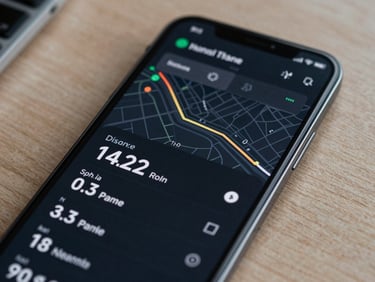 Android phone screen displaying a run-tracker utility app — distance and pace metrics on dark UI, map trace overlay, clean data typography, natural desk light