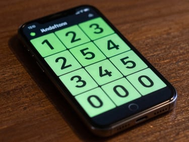Close-up of an Android phone screen showing a puzzle game interface — clean grid layout, bold tile numerals, dark background with electric-green highlights, desk ambient lighting