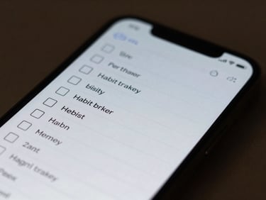 Close-up of Android phone screen displaying a habit tracker app — minimal list UI, checkboxes, monospaced type, cool grey tones, desk ambient light