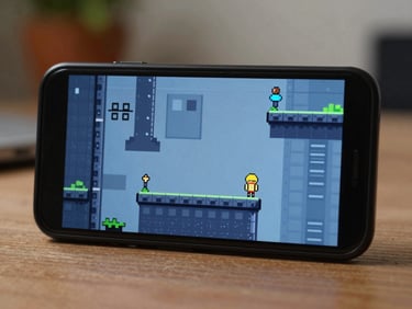 Android phone screen displaying a side-scrolling platformer game — pixel-clean character sprite, structured level architecture, muted blue palette, desk ambient lighting